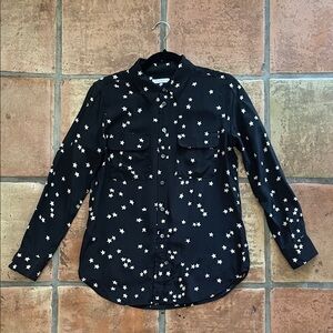 Equipment 100% Silk Black Shirt with White Stars Size Small